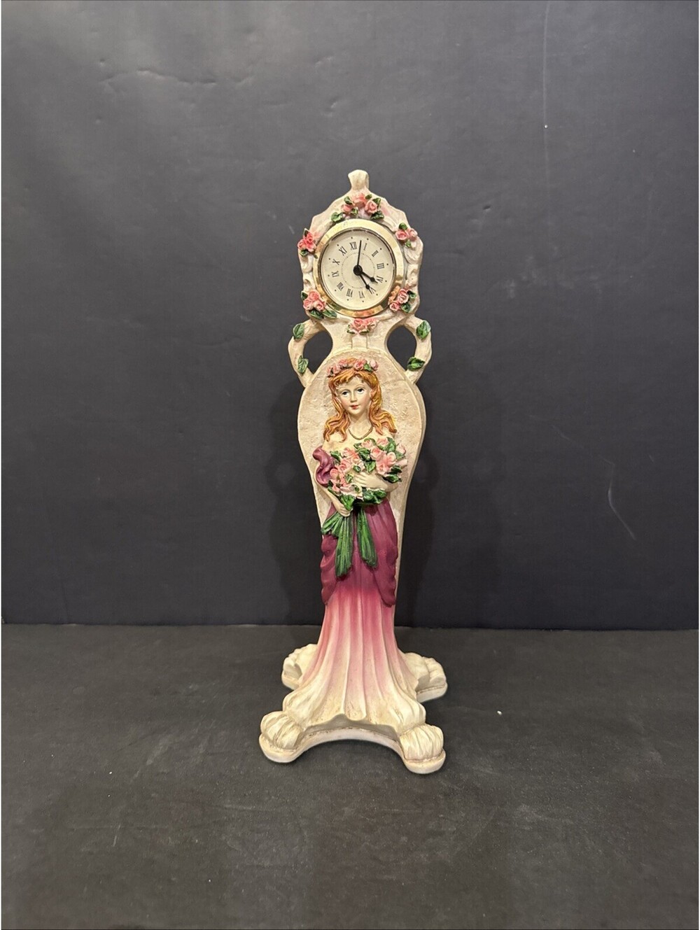 Vintage Neoclassical Lady W Bouquet Clock Statue Resin Clock Untested. As Is